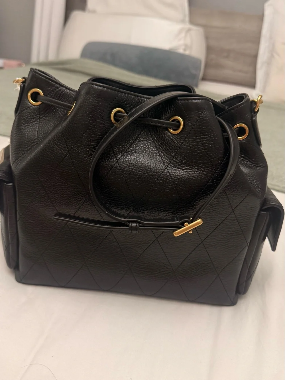 Tory Burch Black Quilted Leather Drawstring Shoulder Bag with Gold Hardware